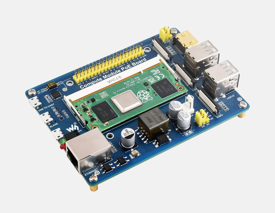 Compute Module PoE IO Board with Raspberry Pi Compute Module 4S, front view